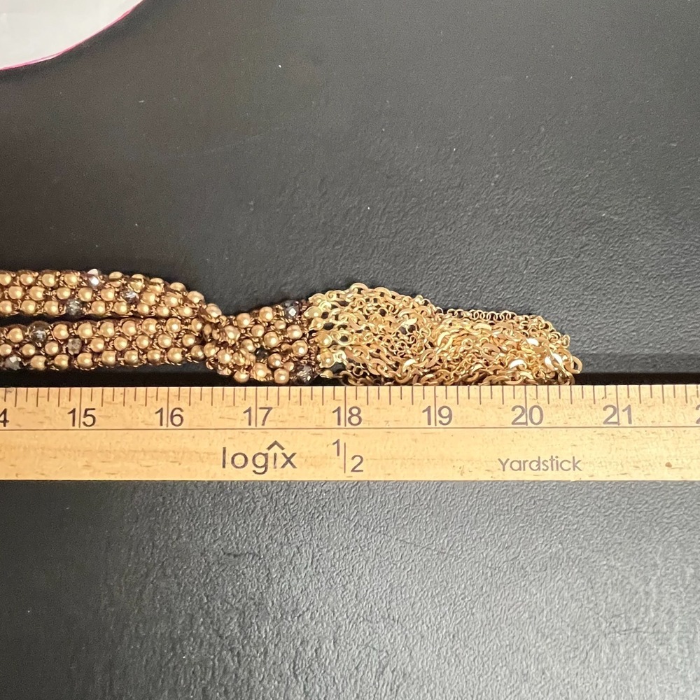 Vintage Chico's Gold Tone Beaded Tassel‎ Necklace Woven Bronze Tone Cord Lariat - Picture 11 of 11